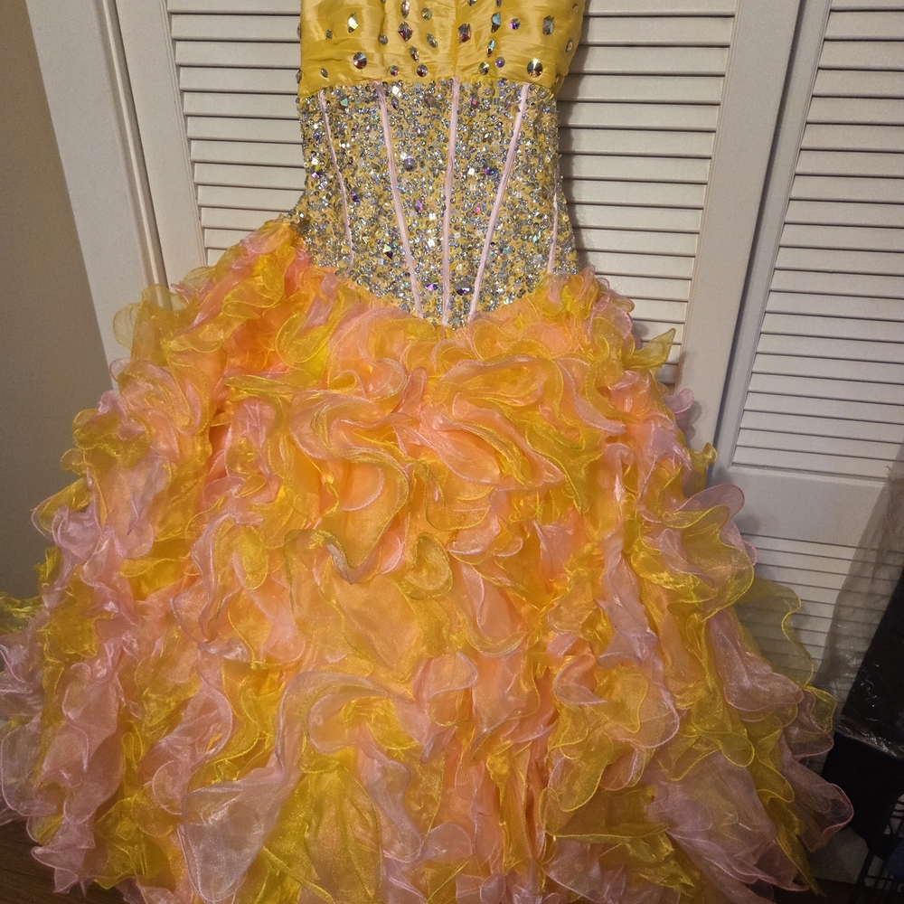 Sparkle Ruffle Yellow & Pink Quincenera Dress